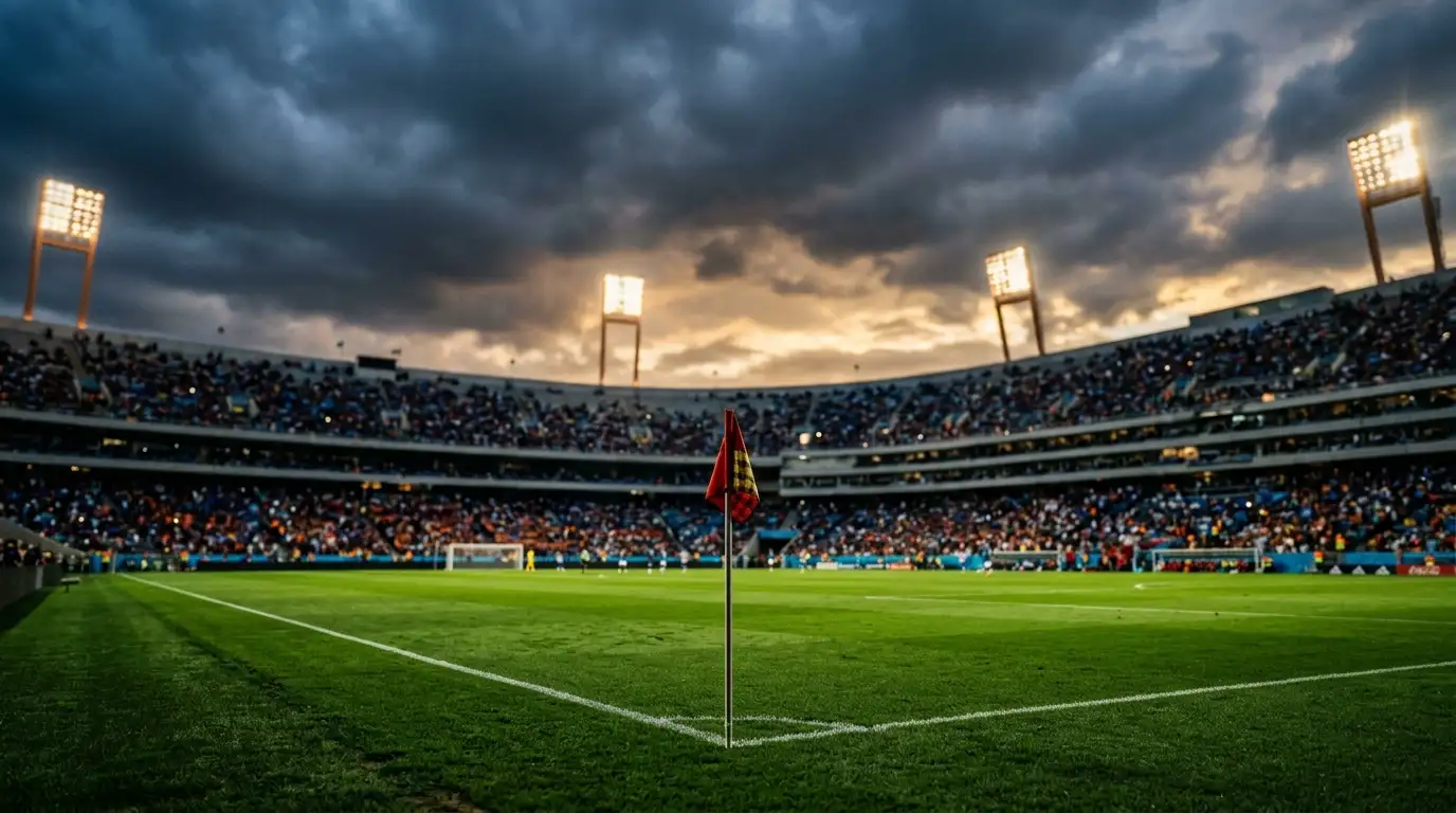 Weitläufiges offenes Stadion in der Abenddämmerung mit erwartungsvoller Kulisse vor einem WM-K.-o.-Spiel