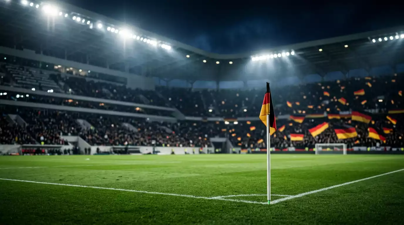 Leeres Flutlichtstadion nach Spielende, deutsche Fahnen auf den Rängen