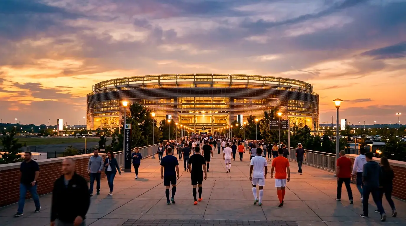 Außenansicht des MetLife Stadium in East Rutherford bei Flutlicht