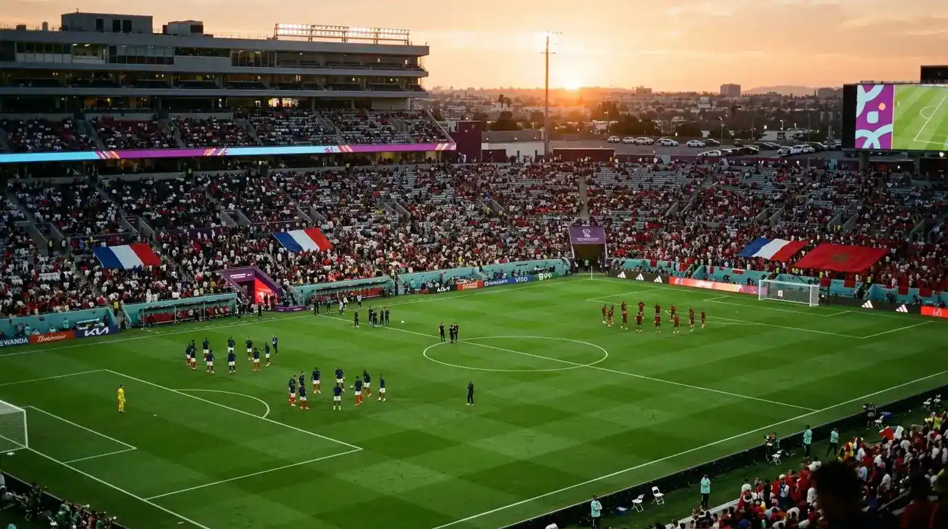 Stadionszene bei Abendsonne kurz vor einem WM-Viertelfinalspiel