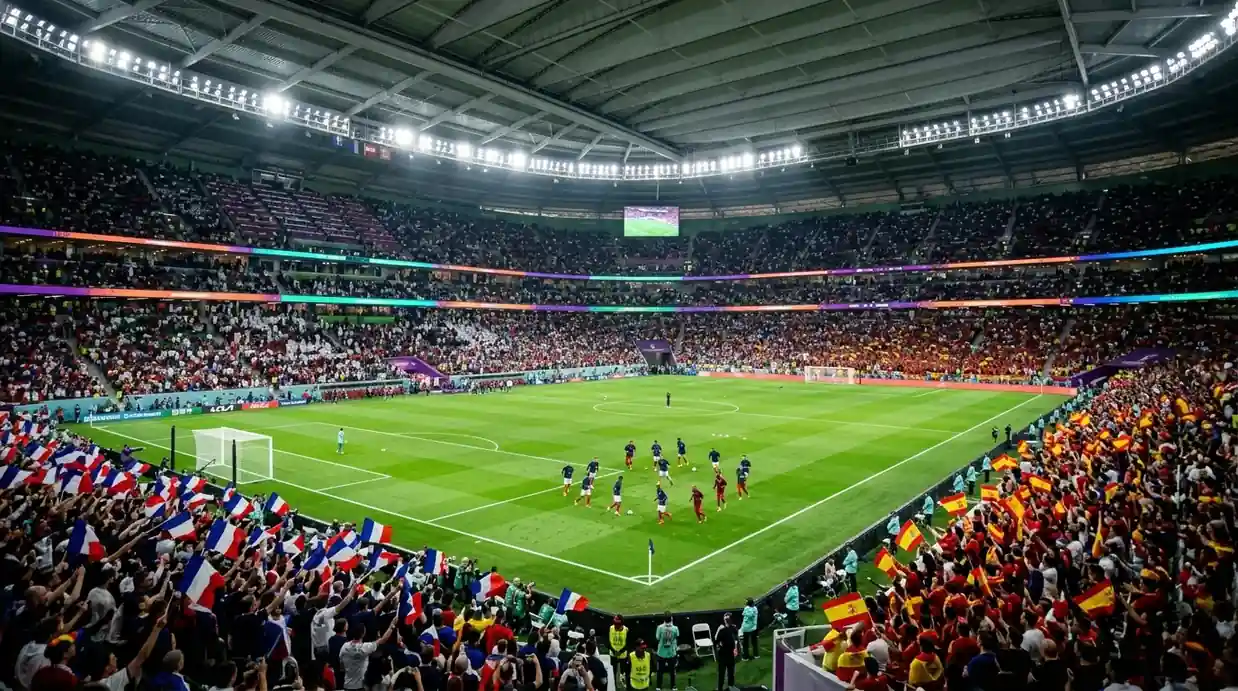 Stadionszene bei Flutlicht kurz vor einem WM-Halbfinalspiel in einer überdachten Arena