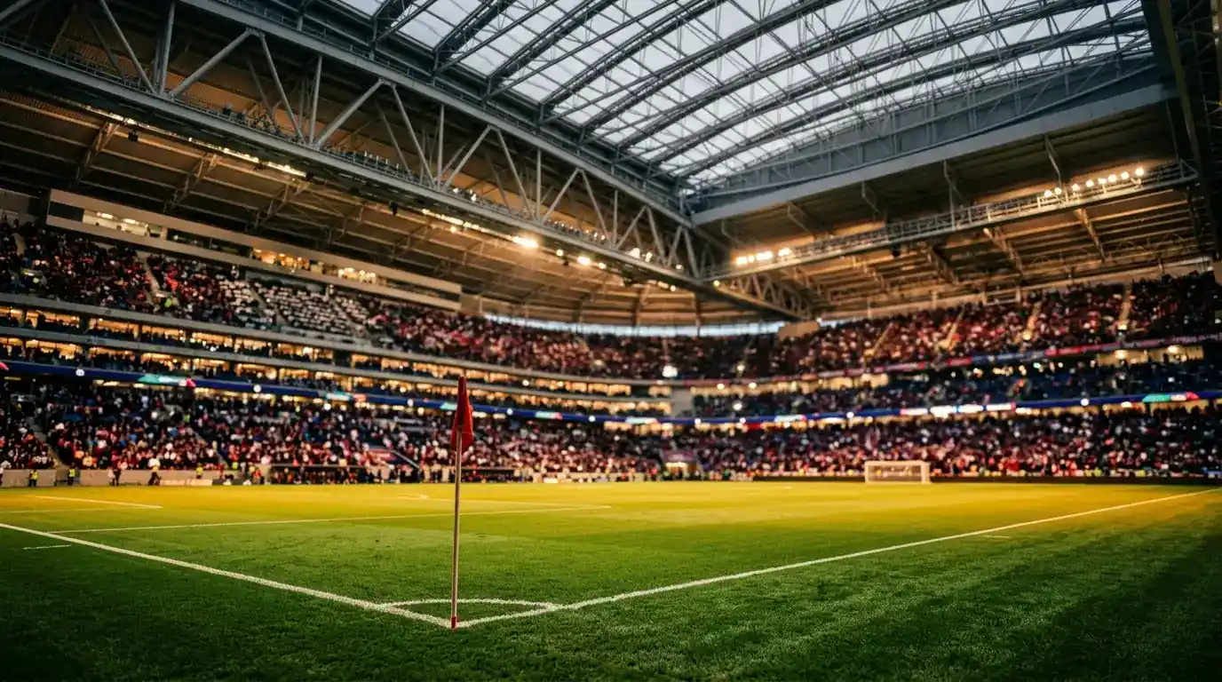 Modernes überdachtes Stadion mit geschlossenem Dach in warmem Flutlicht vor einem WM-K.-o.-Spiel