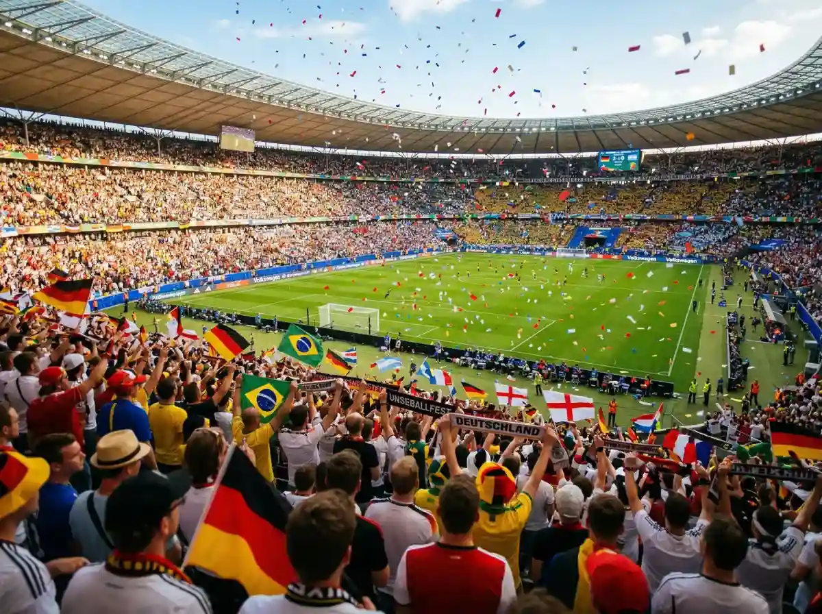 Fußballfans auf der Tribüne schwenken Nationalfahnen bei einem WM-Gruppenspiel
