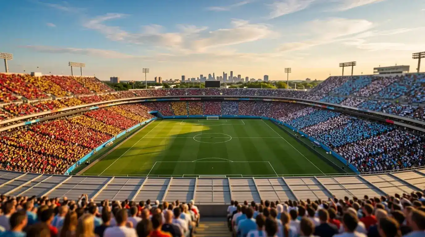 Nächtliches Fußballstadion mit geöffnetem Dach und voller Tribüne vor dem WM-Endspiel