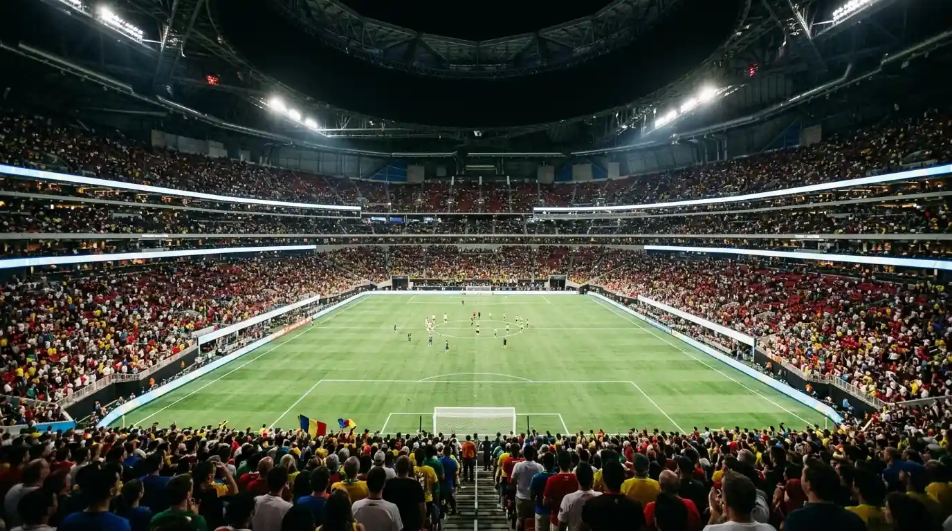 Übersichtliche Darstellung eines modernen WM-Stadions bei Flutlicht vor einem Halbfinalspiel