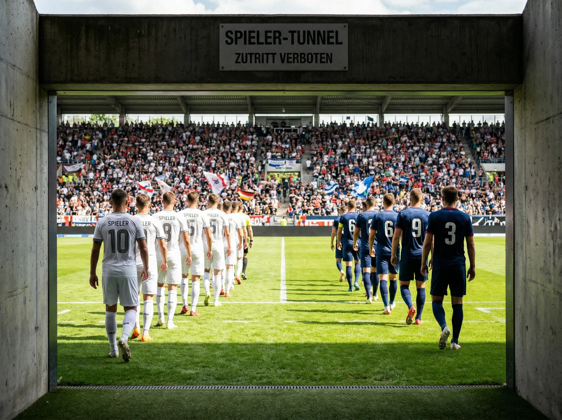 Zwei Fußballmannschaften laufen aus dem Spielertunnel auf das Spielfeld bei einem WM-Gruppenspiel