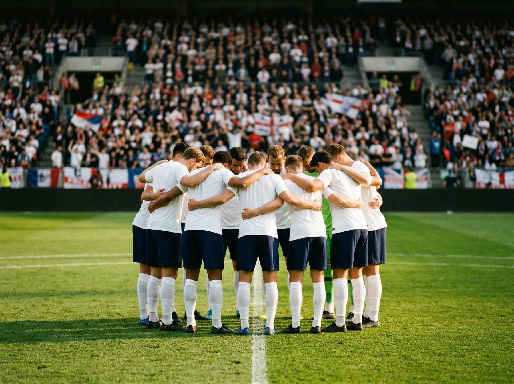 Fußballspieler einer Nationalmannschaft im Mannschaftskreis auf dem Rasen vor dem Anpfiff