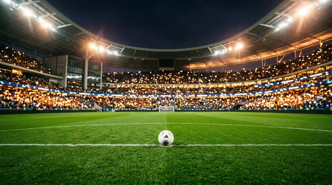 Fußball auf dem Anstoßpunkt eines hell erleuchteten WM-Stadions bei Nacht