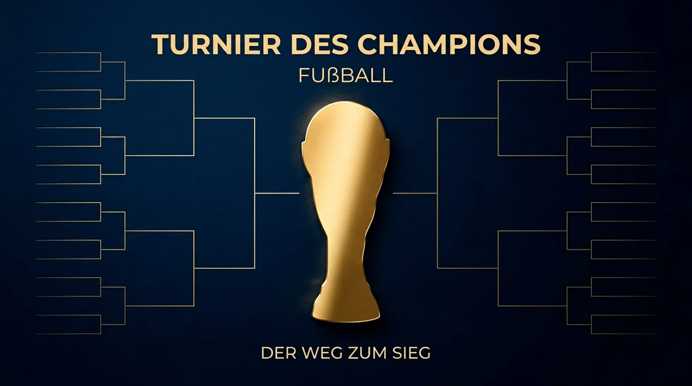 Schematische Trophäen-Silhouette vor einem leeren Turnierbaum-Hintergrund