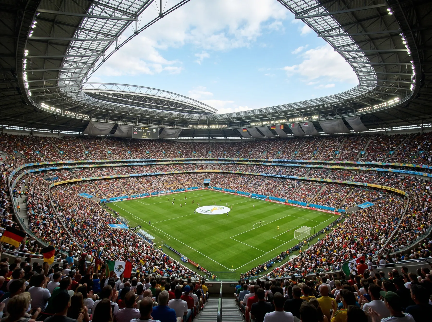 Panoramablick auf ein volles Fußballstadion mit Zuschauerrängen während eines WM-Spiels in den USA