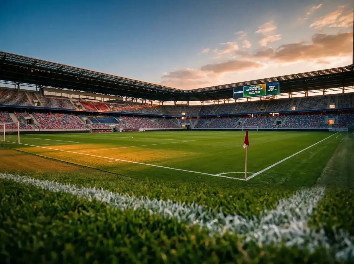 Fußballstadion bei Abendlicht mit gepflegtem Rasen vor einem WM-2026-Gruppenspiel