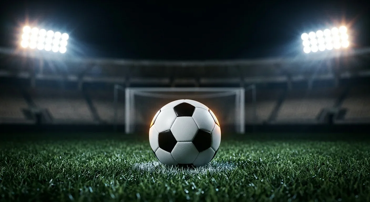 Fußball auf dem Elfmeterpunkt eines leeren Stadions im Flutlicht, symbolisch für das Rennen um die Torjägerkanone