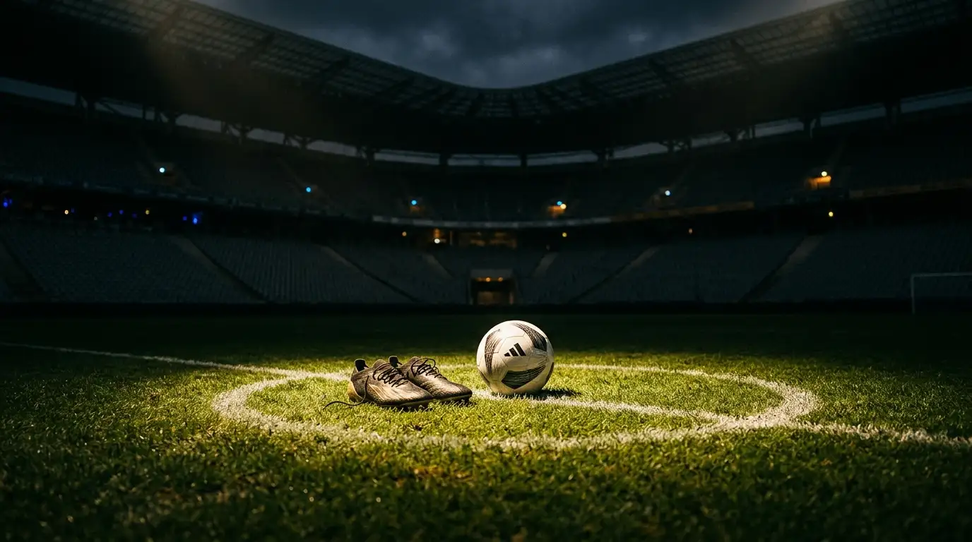 Zwei Fußballschuhe und ein Ball auf dem Anstoßpunkt eines nächtlichen Stadions, symbolisch für ein Torjäger-Duell