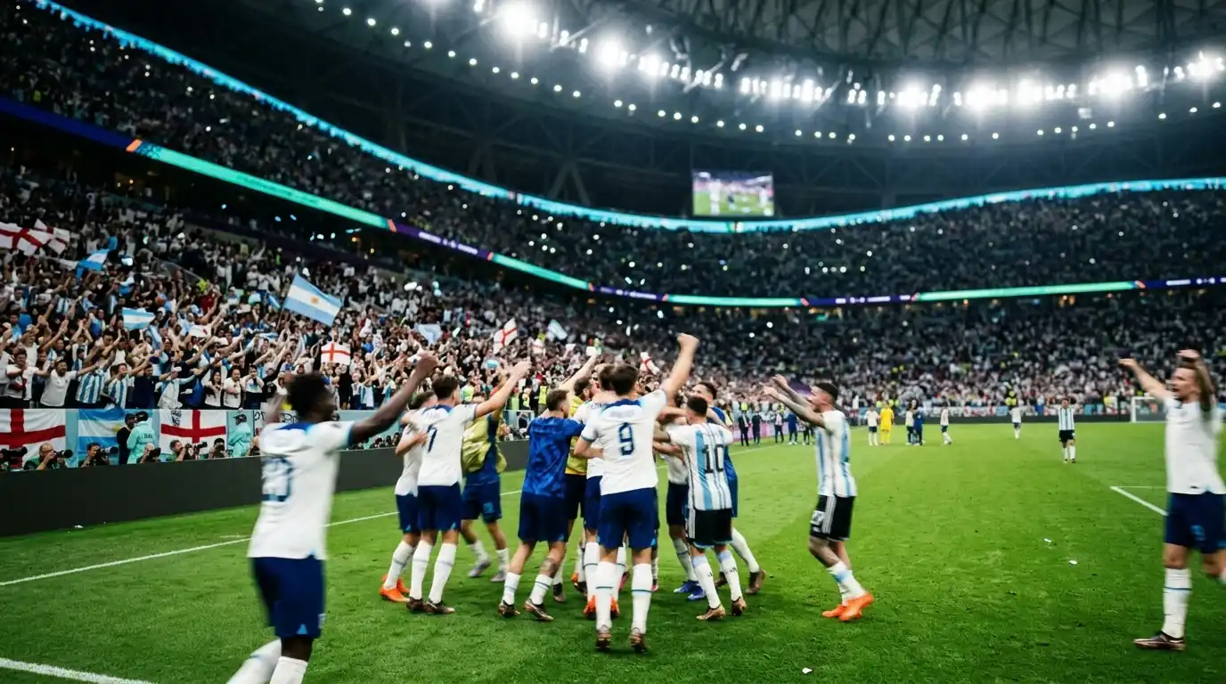 Dramatische Szene in einem ausverkauften WM-Stadion bei Flutlicht nach einem Tor in der Verlängerung