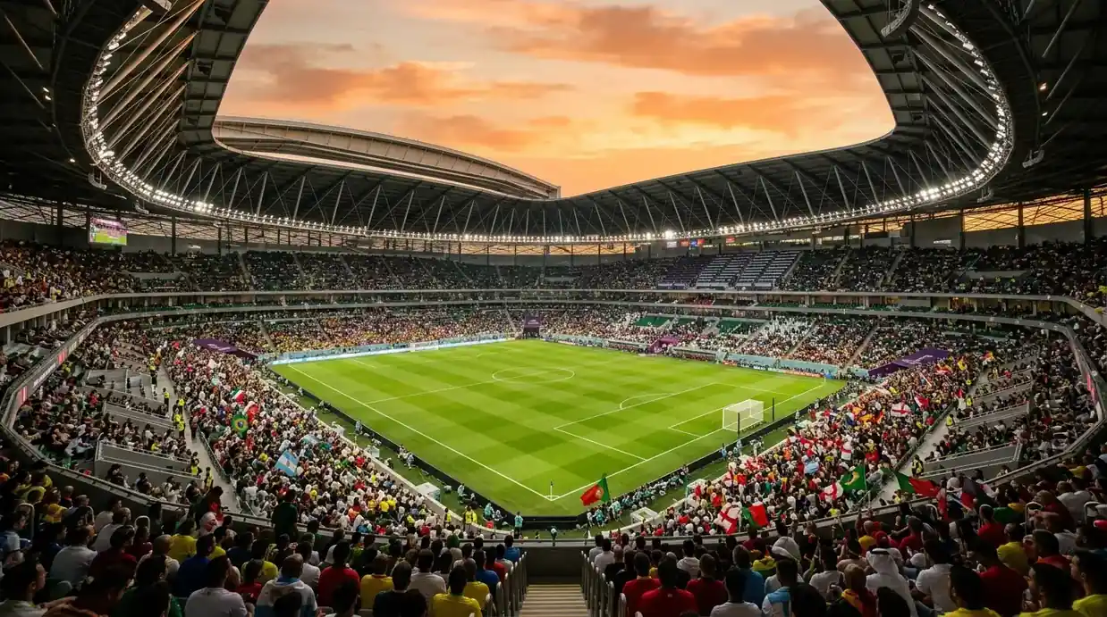 Übersichtliche Darstellung eines modernen WM-Stadions bei Sonnenuntergang vor einem Viertelfinalspiel