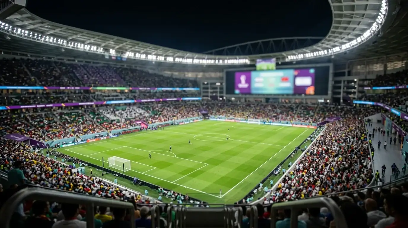 Übersicht eines modernen WM-Stadions von der Tribüne aus mit leuchtender Anzeigetafel