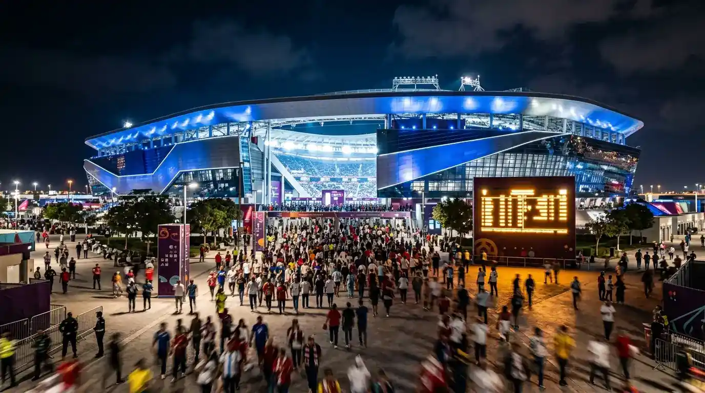 Übersicht eines modernen WM-Stadions von der Tribüne aus mit leuchtender Anzeigetafel