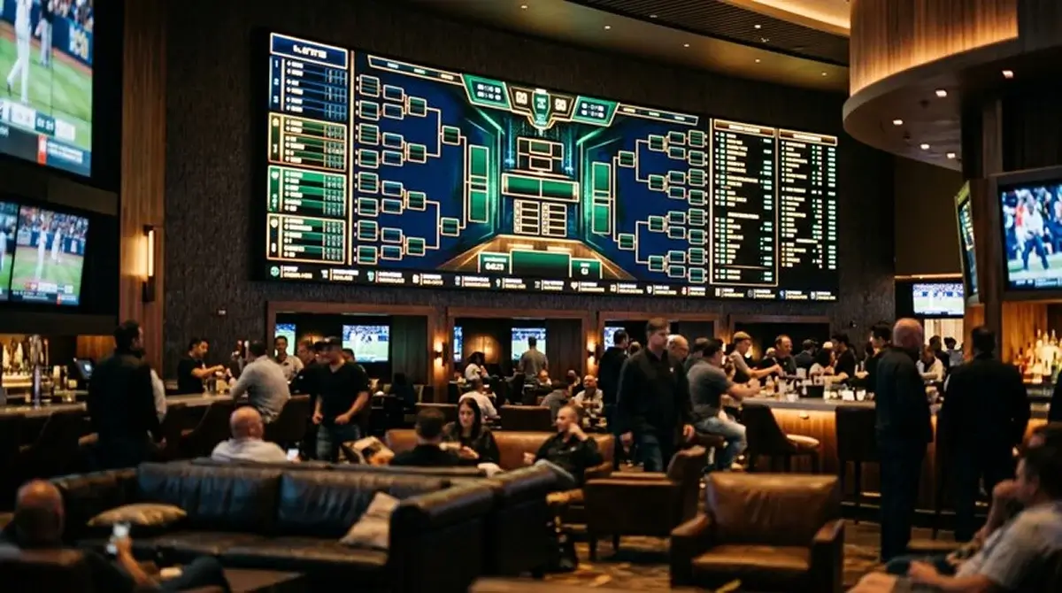 Großes elektronisches Quotenboard in einer modernen Sportwetten-Lounge