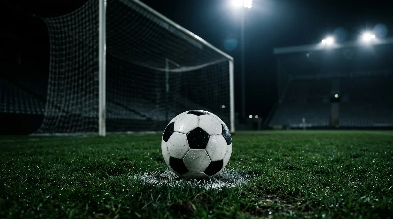 Nahaufnahme eines Fußballs auf dem Elfmeterpunkt eines leeren, flutlichtbeleuchteten Stadions bei Nacht